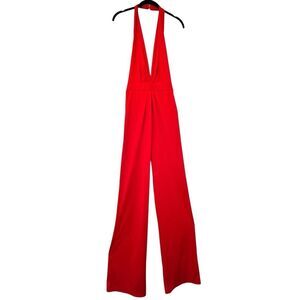Soho Chic Open Back Deep V-neck Halter One Piece Jumpsuit Red Medium